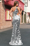 Silver Mermaid Sequins One Shoulder Cut Out Mirror Prom Dress