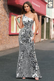 Silver Mermaid Sequins One Shoulder Cut Out Mirror Prom Dress