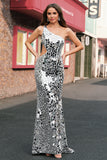 Silver Mermaid Sequins One Shoulder Cut Out Mirror Prom Dress