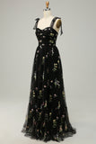 Champagne A Line Spaghetti Straps Floral Tulle Prom Dress With Embroidery