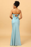 Grey Blue Mermaid Strapless Floor Length Satin Bridesmaid Dress