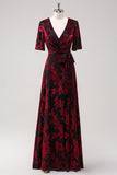 Burgundy A-Line V Neck Burnout Velvet Floor Length Dress with Short Sleeve