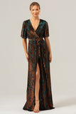 Dark Green A-Line V Neck Burnout Velvet Floor Length Dress with Short Sleeve