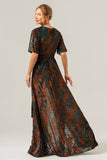 Dark Green A-Line V Neck Burnout Velvet Floor Length Dress with Short Sleeve