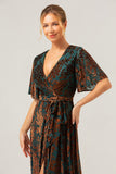 Dark Green A-Line V Neck Burnout Velvet Floor Length Dress with Short Sleeve