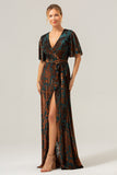 Dark Green A-Line V Neck Burnout Velvet Floor Length Dress with Short Sleeve