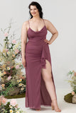 Desert Rose Spaghetti Straps Draped Chiffon Plus Size Bridesmaid Dress with Slit