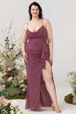 Desert Rose Spaghetti Straps Draped Chiffon Plus Size Bridesmaid Dress with Slit