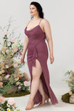 Desert Rose Spaghetti Straps Draped Chiffon Plus Size Bridesmaid Dress with Slit