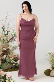 Desert Rose Sheath Spaghetti Straps Draped Chiffon Plus Size Bridesmaid Dress