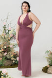 Desert Rose Sheath V Neck Cut Out Plus Size Chiffon Bridesmaid Dress