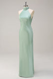 Agave Sheath Halter Satin Floor Length Bridesmaid Dress with Open Back