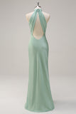 Agave Sheath Halter Satin Floor Length Bridesmaid Dress with Open Back