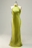 Agave Sheath Halter Satin Floor Length Bridesmaid Dress with Open Back