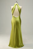 Agave Sheath Halter Satin Floor Length Bridesmaid Dress with Open Back