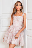 Cute Blush A Line Off The Shoulder Corset Pleated Unique Print Homecoming Dress with Ruffles