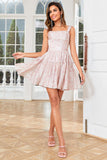 Cute Blush A Line Off The Shoulder Corset Pleated Unique Print Homecoming Dress with Ruffles