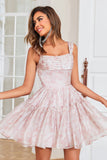 Cute Blush A Line Off The Shoulder Corset Pleated Unique Print Homecoming Dress with Ruffles