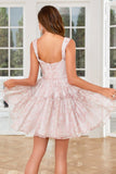 Cute Blush A Line Off The Shoulder Corset Pleated Unique Print Homecoming Dress with Ruffles