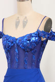 Royal Blue Mermaid Off The Shoulder Sparkly Sequins Prom Dress With Front Slit