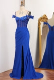 Royal Blue Mermaid Off The Shoulder Sparkly Sequins Prom Dress With Front Slit