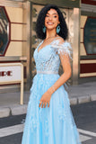 A-Line Rhinestones Accents Corset Light Blue Prom Dress With Appliques