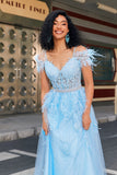 A-Line Rhinestones Accents Corset Light Blue Prom Dress With Appliques