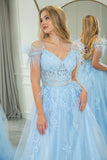 Light Blue A Line Long Corset Appliqued Prom Dress With Feathers