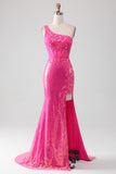 Fuchsia Mermaid One Shoulder Sparkly Corset Prom Dress With Slit