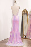 Sparkly Light Purple Mermaid Backless Long Corset Prom Dress With Slit