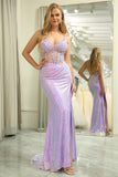 Purple Mermaid Sparkly Sequined Corset Prom Dress With Slit