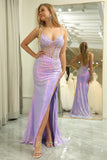 Purple Mermaid Sparkly Sequined Corset Prom Dress With Slit