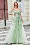 A-Line Spaghetti Straps Corset Appliqued Sage Prom Dress with Detachable Sleeves