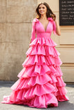 Princess Fuchsia A-Line V-Neck Long Tiered Prom Dress With Slit