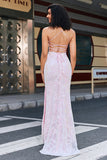 Pink Mermaid Spaghetti Straps Sparkly Long Prom Dress with Slit