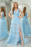 Blue A Line Tulle V Neck Pleated Tiered Long Prom Dress With Slit