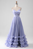 Lavender A Line Tiered Long Corset Pleated Prom Dress With Slit