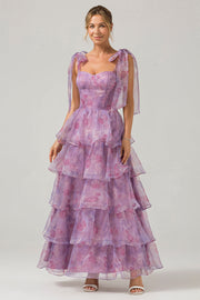 Purple Printed A Line Tiered Tea-Length Bridesmaid Dress