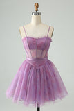 Cute Purple A Line Spaghetti Straps Print Corset Short Homecoming Dress