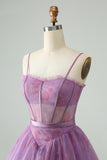 Cute Purple A Line Spaghetti Straps Print Corset Short Homecoming Dress