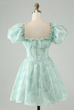 Cute Sky Blue A Line Square Neck Floral Ruffle Homecoming Dress with Puff Sleeves