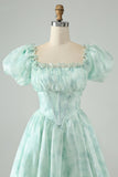 Cute Sky Blue A Line Square Neck Floral Ruffle Homecoming Dress with Puff Sleeves