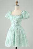 Cute Sky Blue A Line Square Neck Floral Ruffle Homecoming Dress with Puff Sleeves