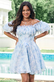 Cute Sky Blue A Line Square Neck Floral Ruffle Homecoming Dress with Puff Sleeves