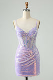 Glitter Lilac Tight Spaghetti Straps Corset Short Homecoming Dress with Sequins