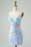 Glitter Lilac Tight Spaghetti Straps Corset Short Homecoming Dress with Sequins