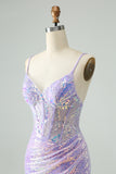 Glitter Lilac Tight Spaghetti Straps Corset Short Homecoming Dress with Sequins