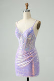 Glitter Lilac Tight Spaghetti Straps Corset Short Homecoming Dress with Sequins