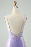 Glitter Lilac Tight Spaghetti Straps Corset Short Homecoming Dress with Sequins