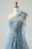 A Line One Shoulder Grey Blue Tulle Homecoming Dress with Floral Embroidery